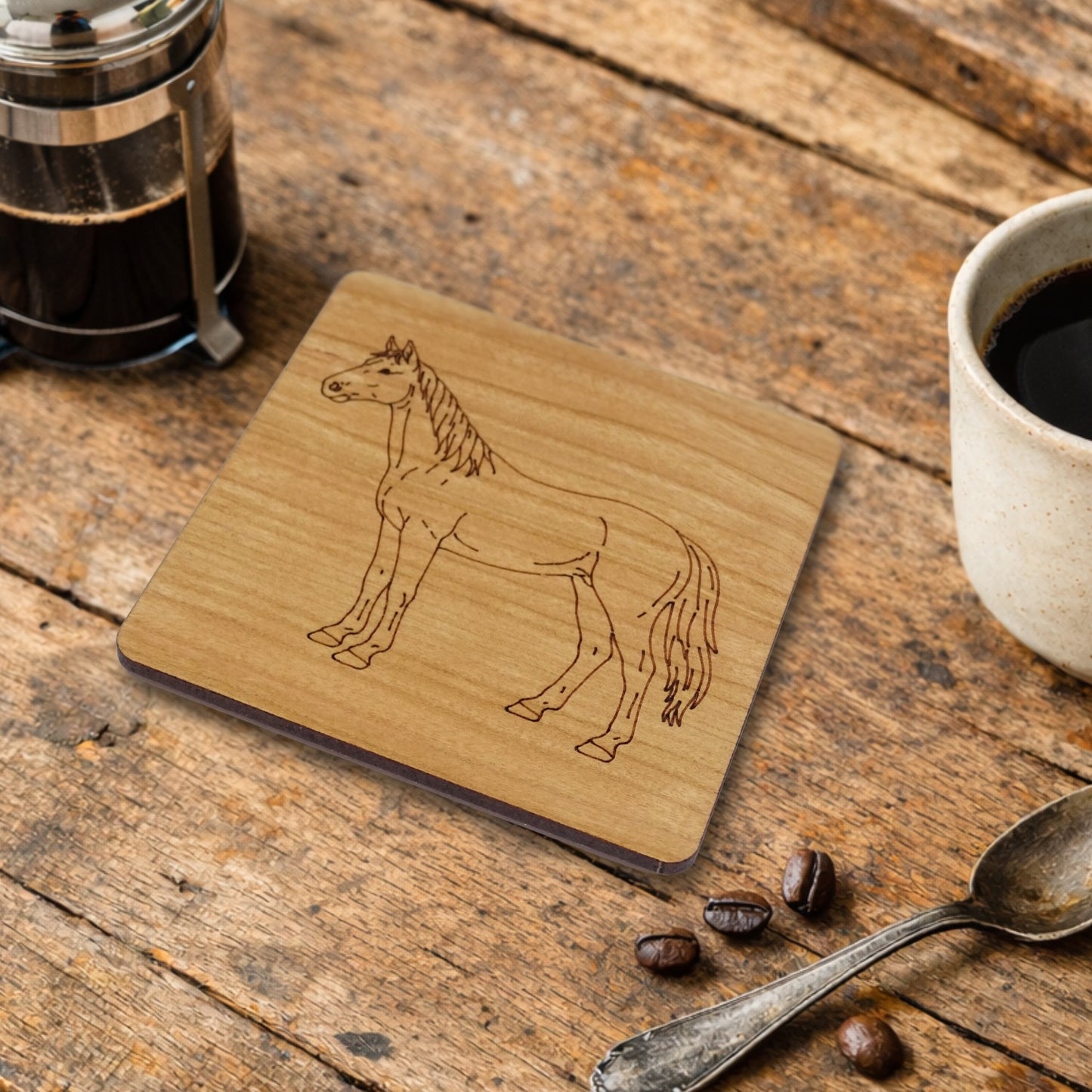 Horse Wooden Coaster Laser Engraved Cherry Wood Equestrian Gift
