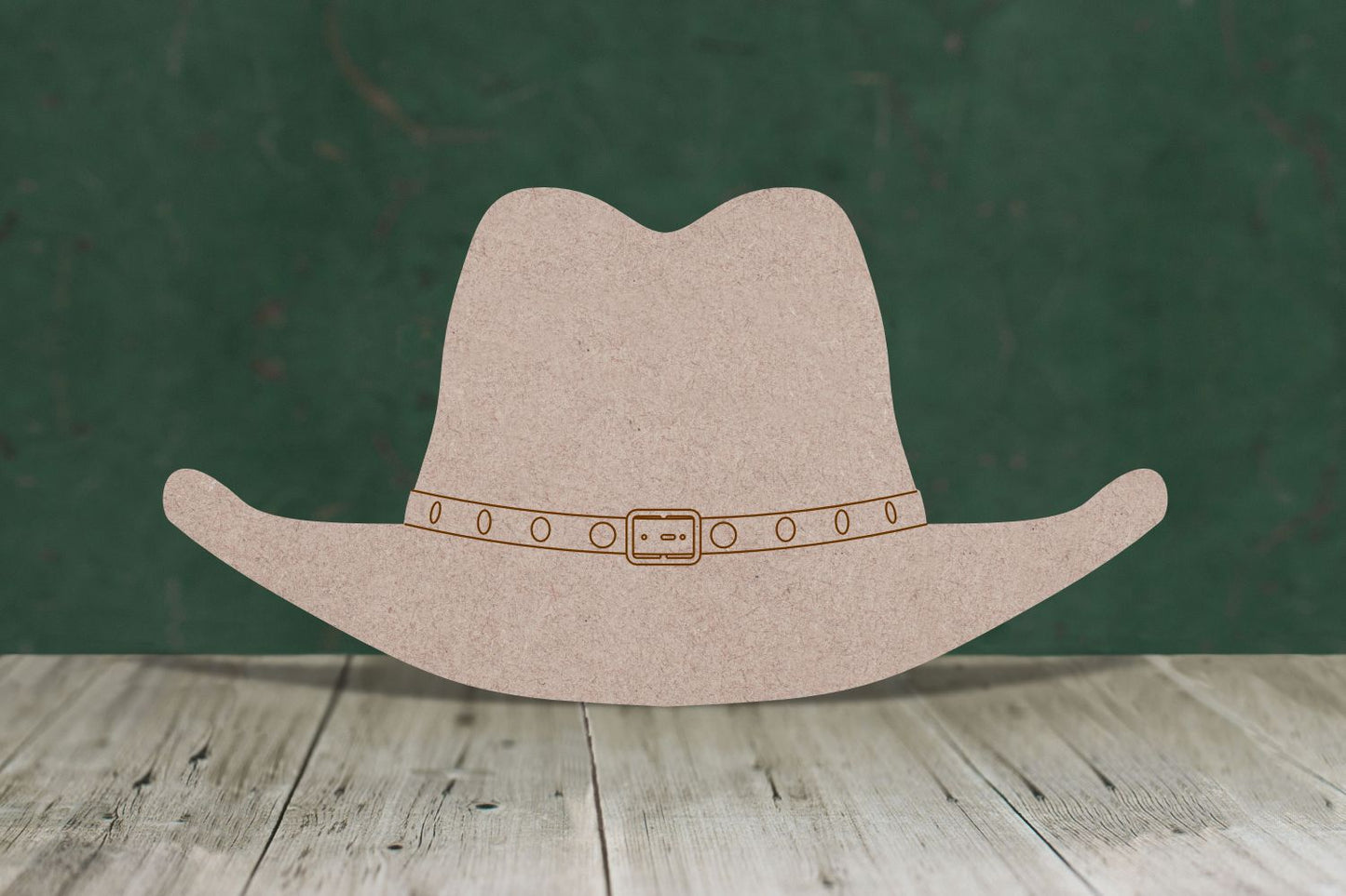 Laser cut, blank wooden Stetson cowboy hat with etched detail shape for craft