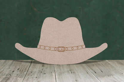 Laser cut, blank wooden Stetson cowboy hat with etched detail shape for craft