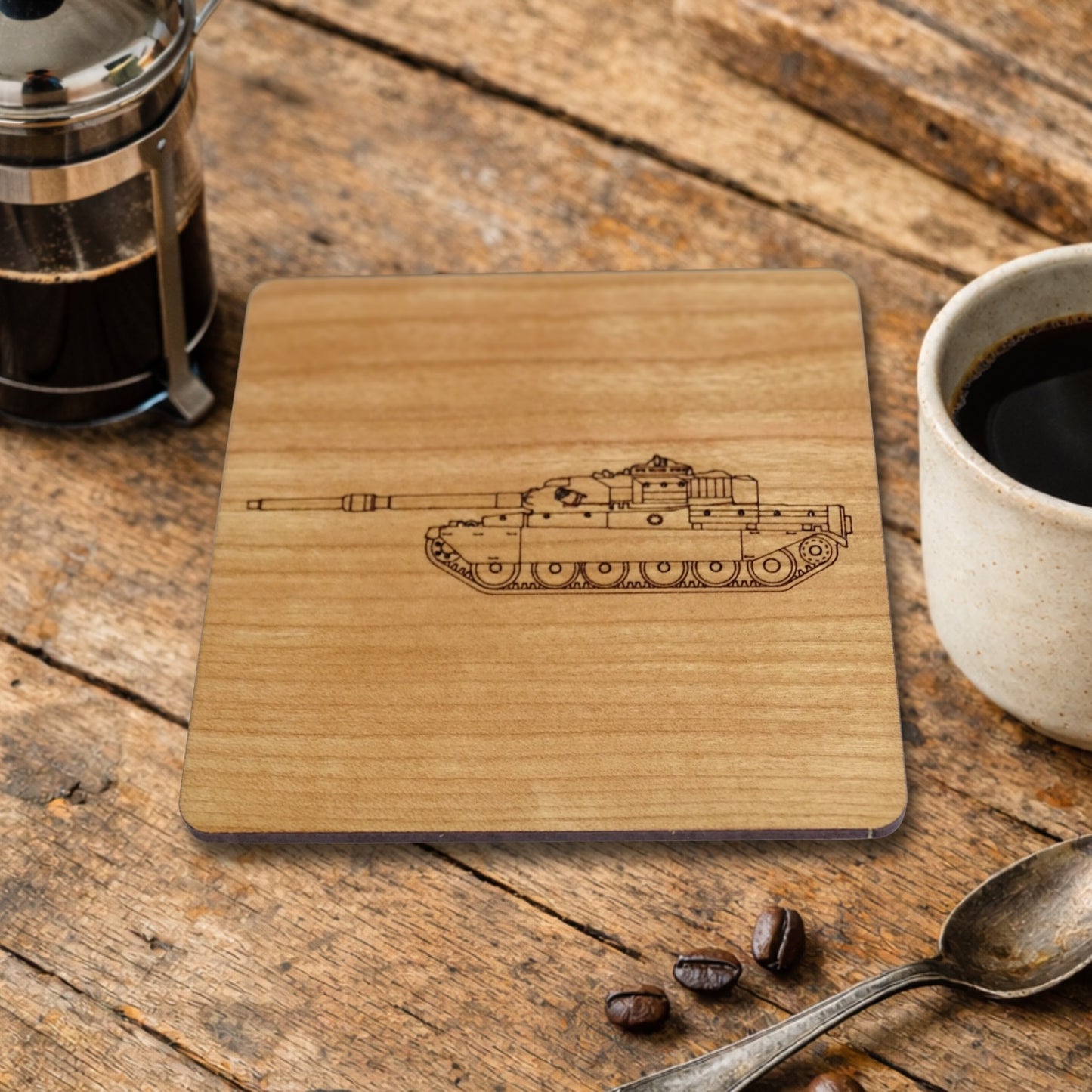 Tank Laser Engraved Cherry Wood Coaster Military vehicle, Armed Forces Gift