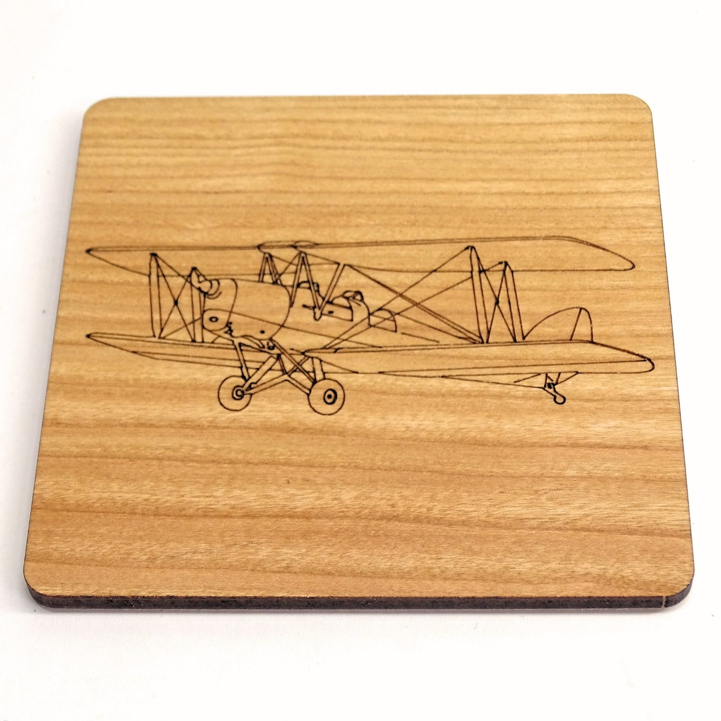 Tiger Moth Laser Engraved Cherry Wood Coaster | Vintage Aircraft and Aviation Gift