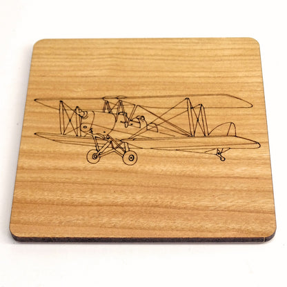 Tiger Moth Laser Engraved Cherry Wood Coaster | Vintage Aircraft and Aviation Gift