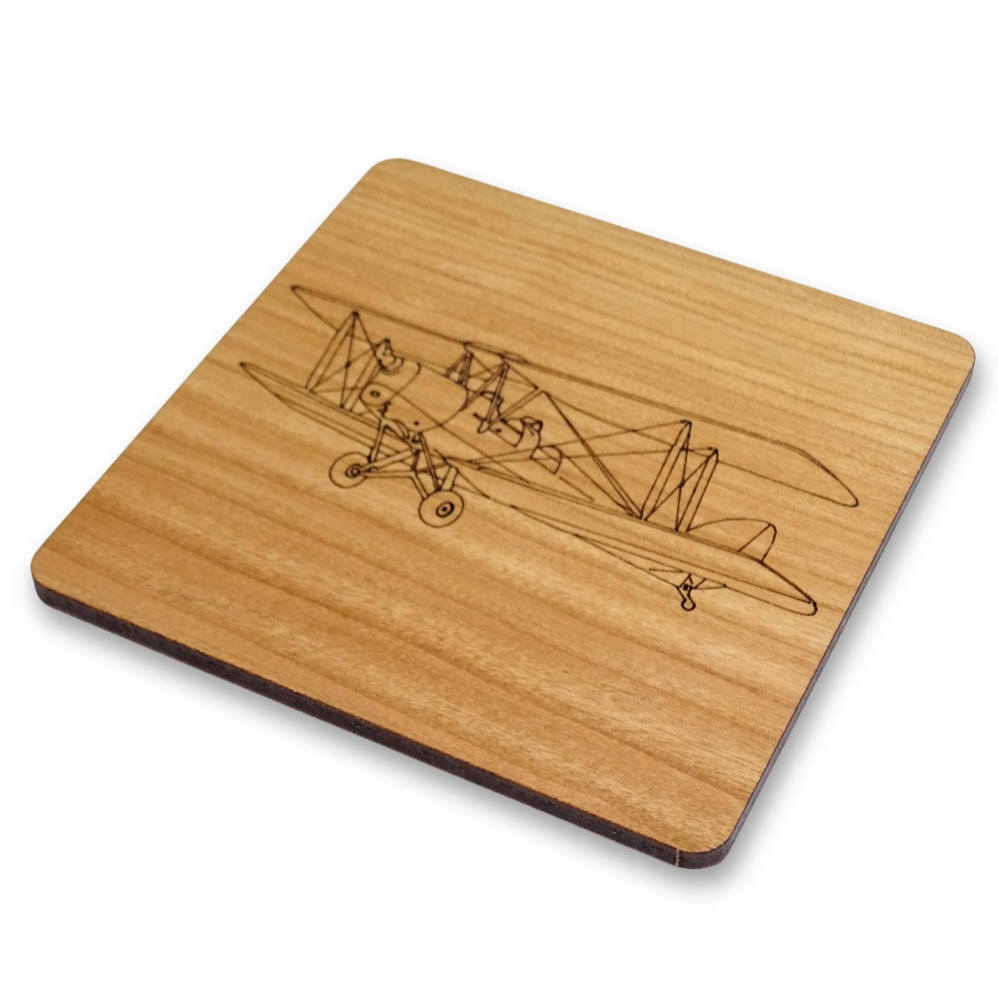 Tiger Moth Laser Engraved Cherry Wood Coaster | Vintage Aircraft and Aviation Gift