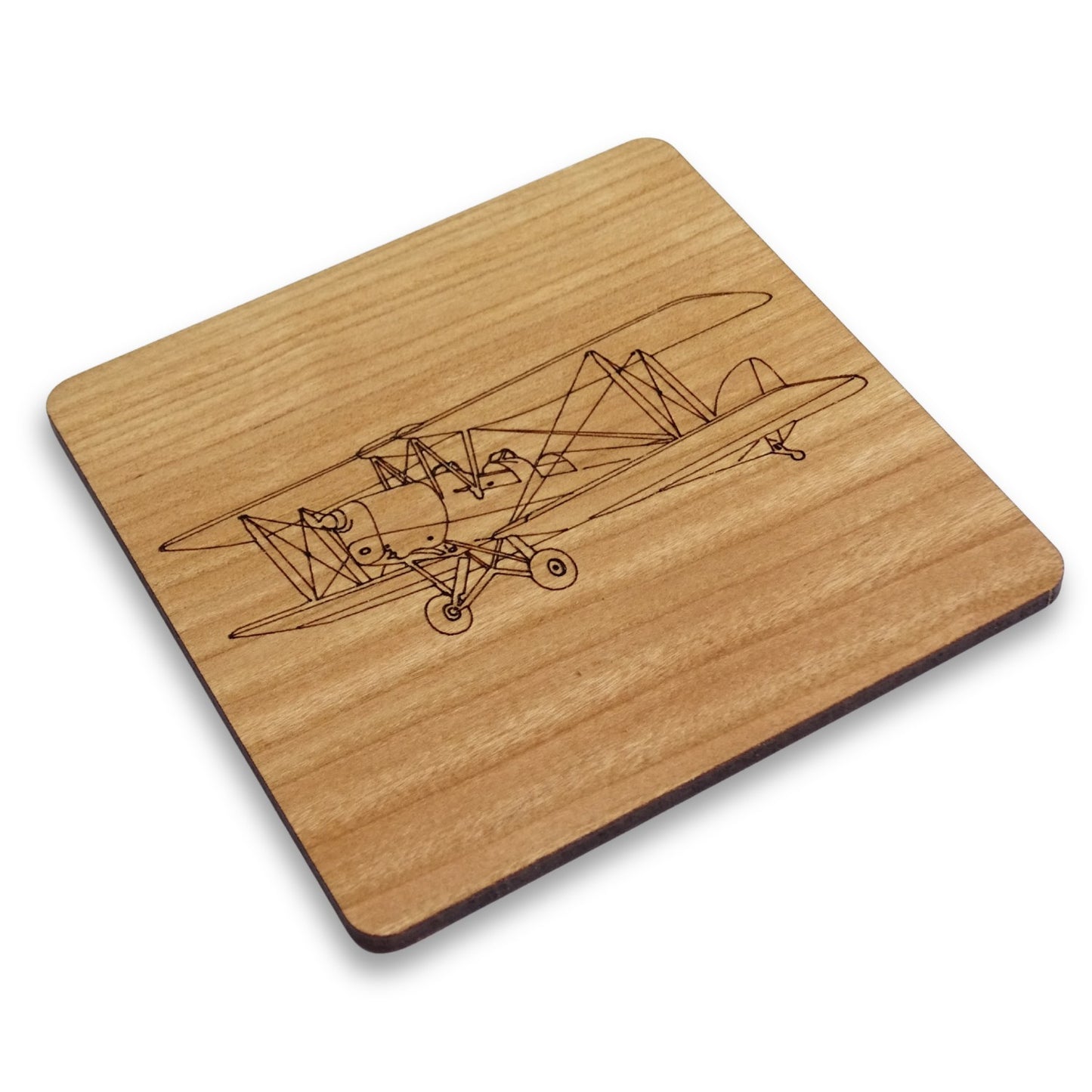 Tiger Moth Laser Engraved Cherry Wood Coaster | Vintage Aircraft and Aviation Gift