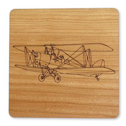 Tiger Moth Laser Engraved Cherry Wood Coaster | Vintage Aircraft and Aviation Gift