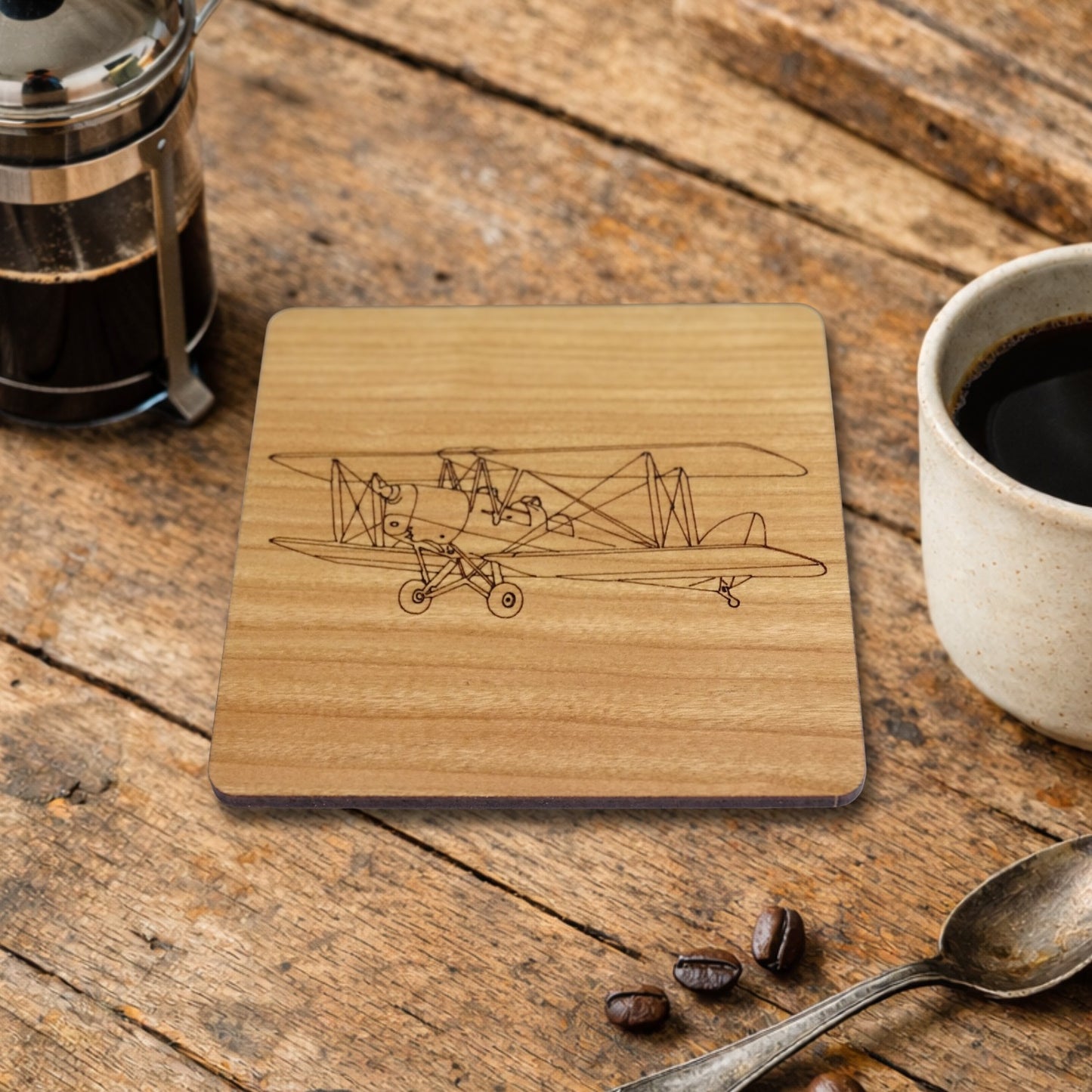 Tiger Moth Laser Engraved Cherry Wood Coaster | Vintage Aircraft and Aviation Gift