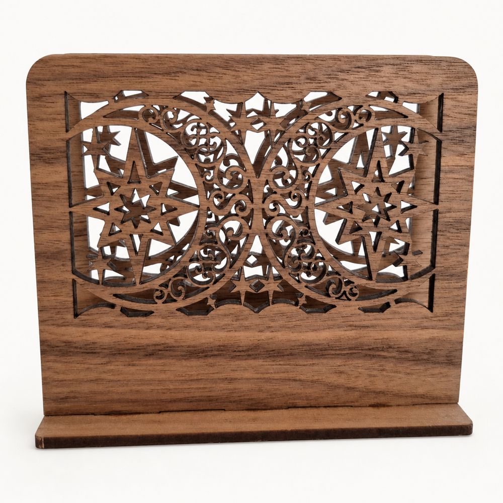 Moon and Star Filigree Napkin Holder — Laser Cut Walnut Wood Table Accessory
