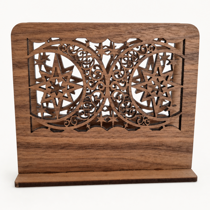 Moon and Star Filigree Napkin Holder — Laser Cut Walnut Wood Table Accessory