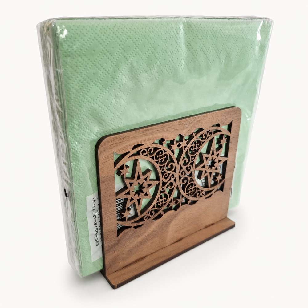 Moon and Star Filigree Napkin Holder — Laser Cut Walnut Wood Table Accessory