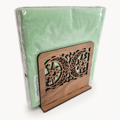 Moon and Star Filigree Napkin Holder — Laser Cut Walnut Wood Table Accessory