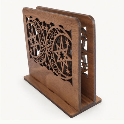 Moon and Star Filigree Napkin Holder — Laser Cut Walnut Wood Table Accessory
