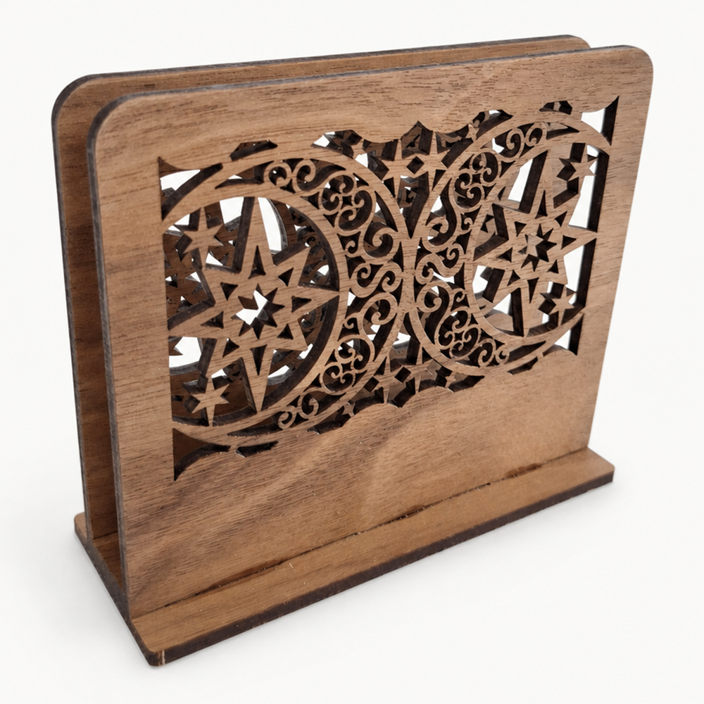 Moon and Star Filigree Napkin Holder — Laser Cut Walnut Wood Table Accessory