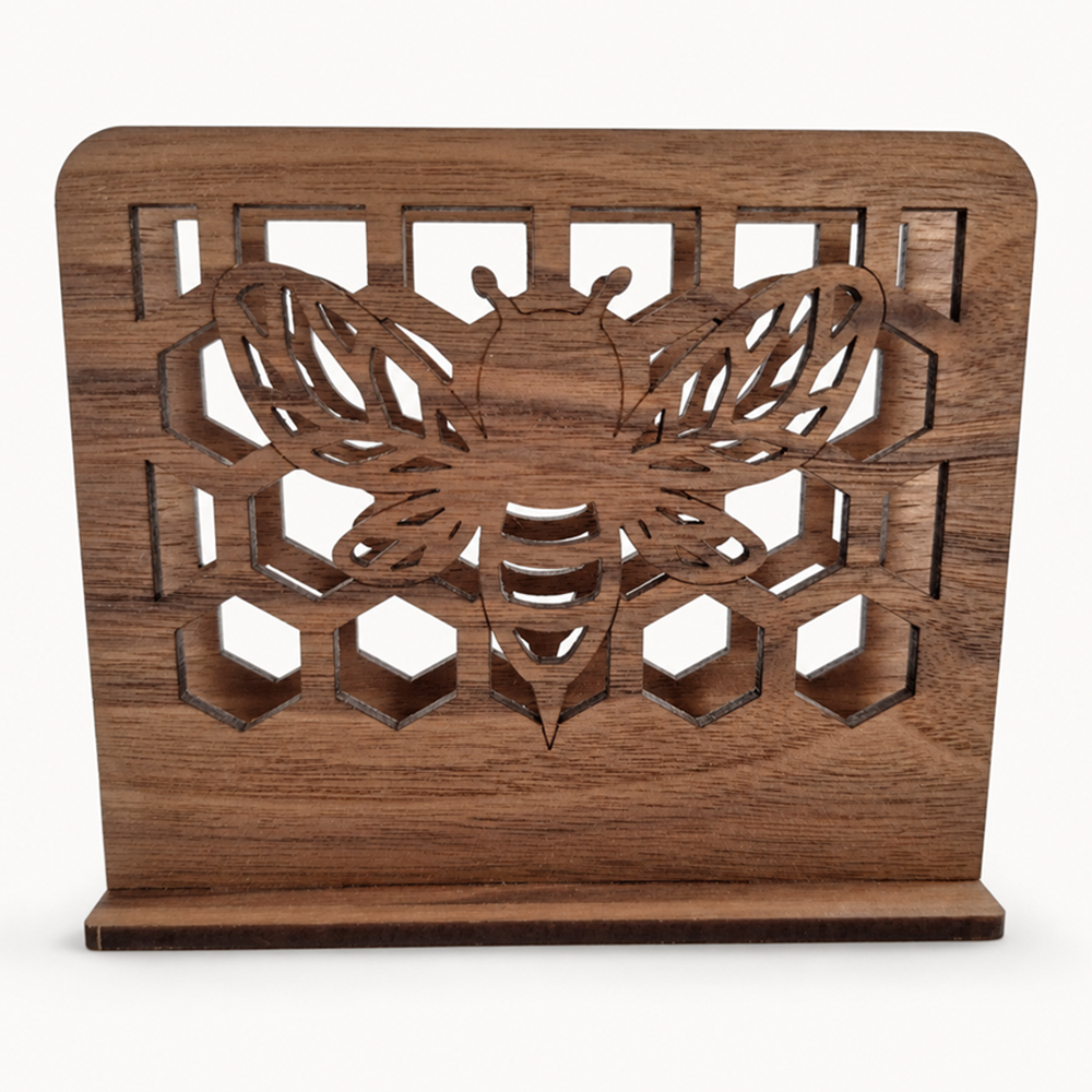 Bee & Honeycomb Napkin Holder — Laser Cut Walnut Wood Table Accessory
