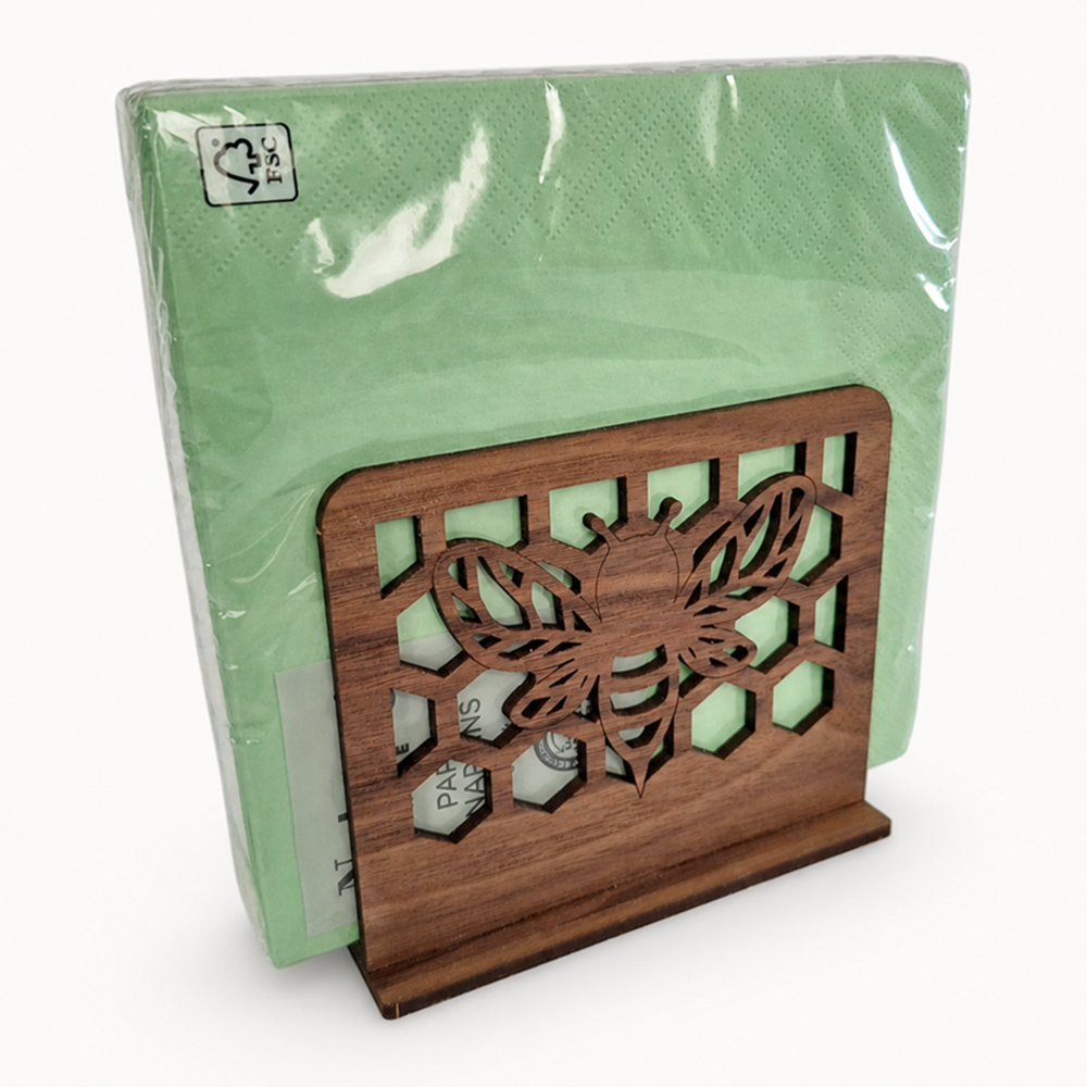 Bee & Honeycomb Napkin Holder — Laser Cut Walnut Wood Table Accessory