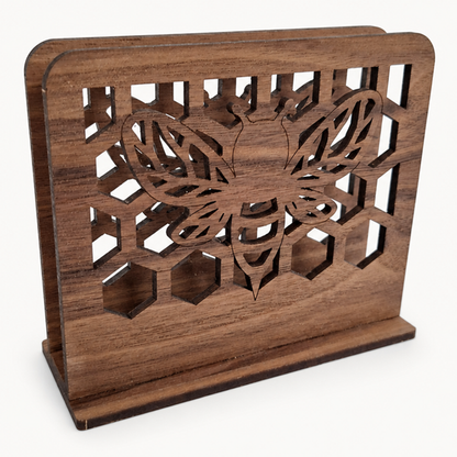 Bee & Honeycomb Napkin Holder — Laser Cut Walnut Wood Table Accessory