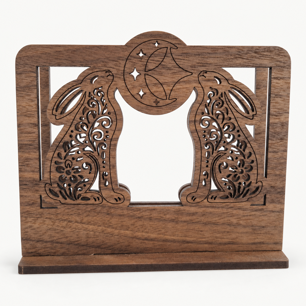 Moon Gazing Hares Napkin Holder — Laser Cut Walnut Wood Table Accessory