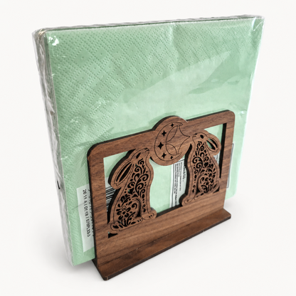 Moon Gazing Hares Napkin Holder — Laser Cut Walnut Wood Table Accessory