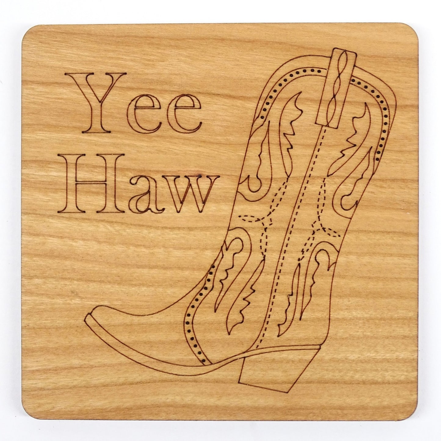 Cowboy Boot With Etched"Yee Haw" text |Cherry Wood Coaster Laser Engraved Western Design