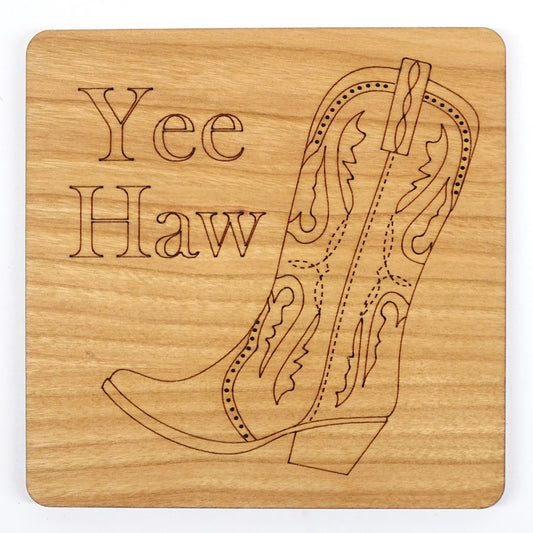 Cowboy Boot With Etched"Yee Haw" text |Cherry Wood Coaster Laser Engraved Western Design
