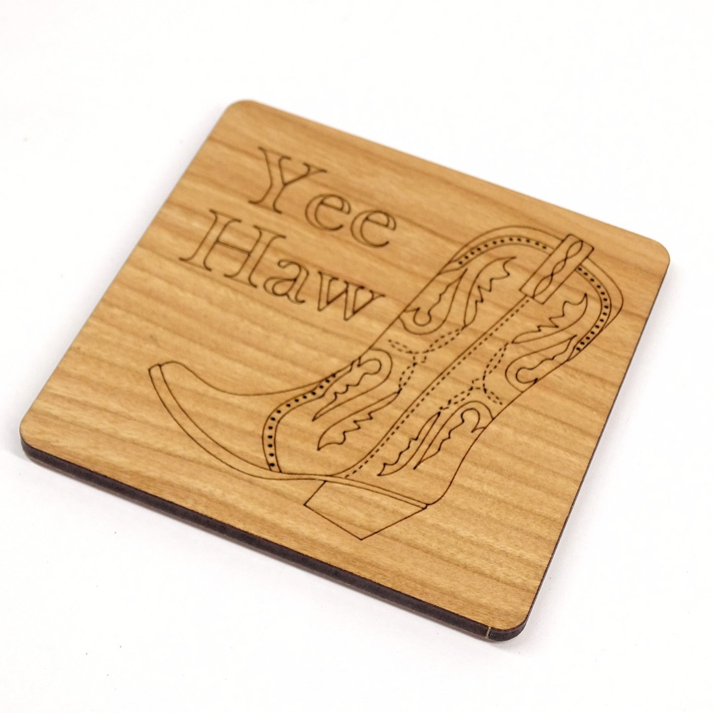 Cowboy Boot With Etched"Yee Haw" text |Cherry Wood Coaster Laser Engraved Western Design