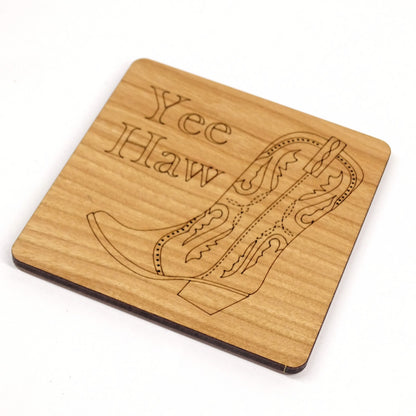 Cowboy Boot With Etched"Yee Haw" text |Cherry Wood Coaster Laser Engraved Western Design