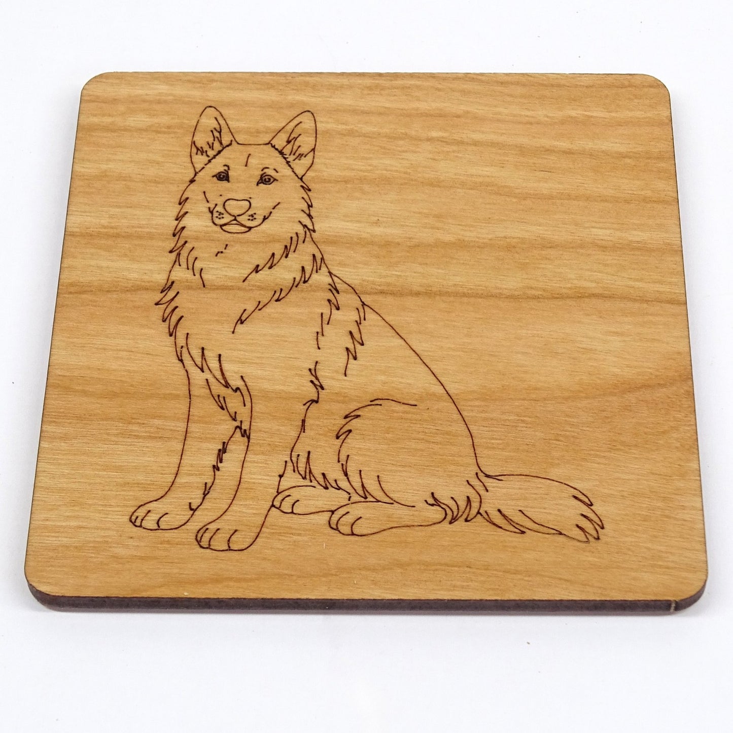 German Shepherd, GSD Sitting Wooden Coaster Engraved Dog Gift Cherry Wood Coaster