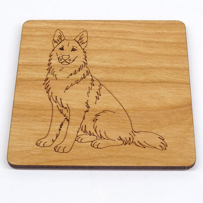 German Shepherd, GSD Sitting Wooden Coaster Engraved Dog Gift Cherry Wood Coaster