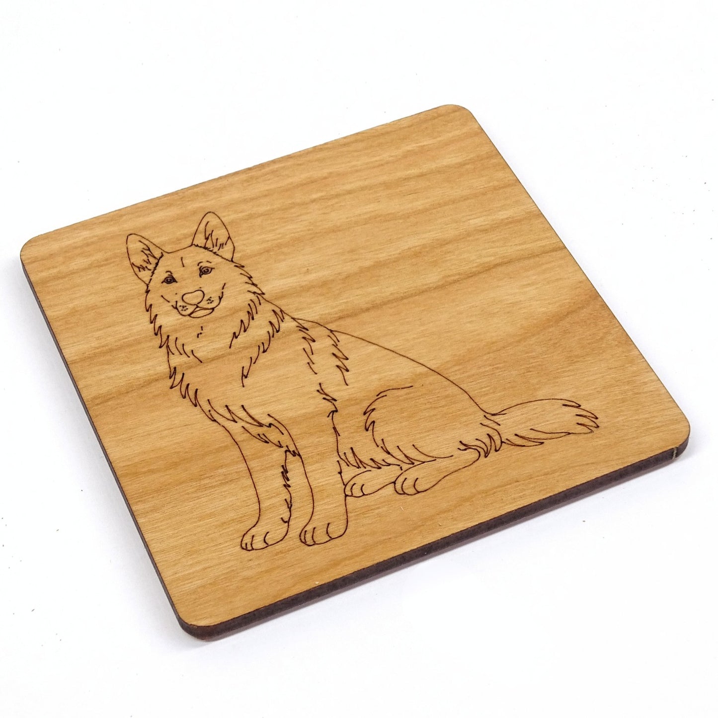 German Shepherd, GSD Sitting Wooden Coaster Engraved Dog Gift Cherry Wood Coaster