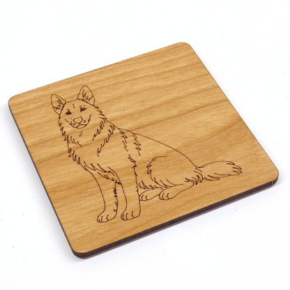 German Shepherd, GSD Sitting Wooden Coaster Engraved Dog Gift Cherry Wood Coaster