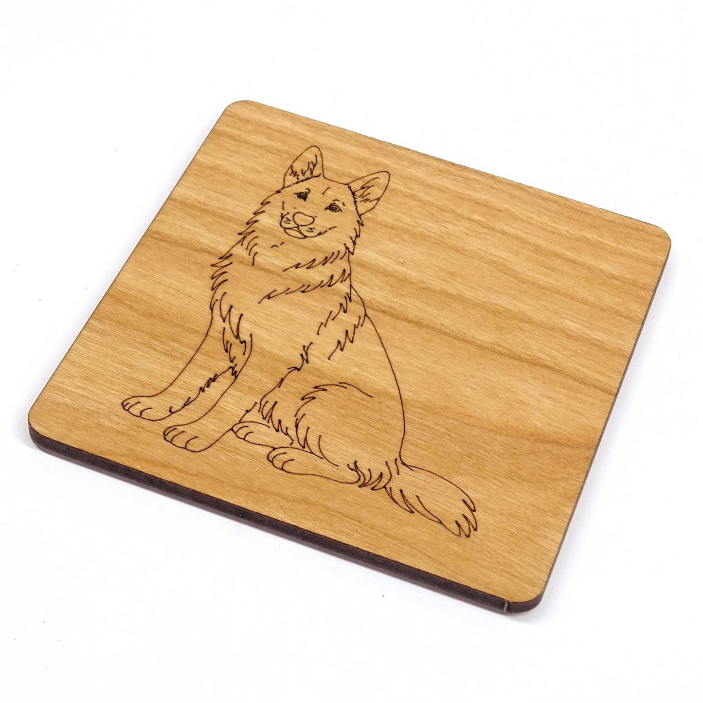 German Shepherd, GSD Sitting Wooden Coaster Engraved Dog Gift Cherry Wood Coaster