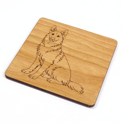 German Shepherd, GSD Sitting Wooden Coaster Engraved Dog Gift Cherry Wood Coaster