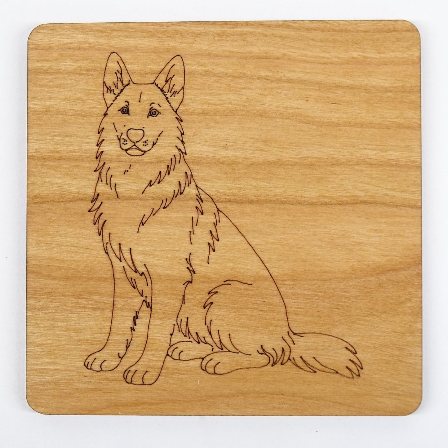 German Shepherd, GSD Sitting Wooden Coaster Engraved Dog Gift Cherry Wood Coaster