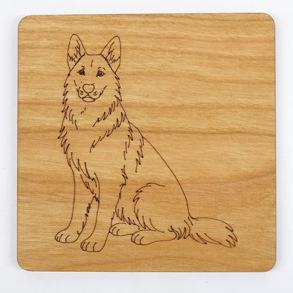 German Shepherd, GSD Sitting Wooden Coaster Engraved Dog Gift Cherry Wood Coaster