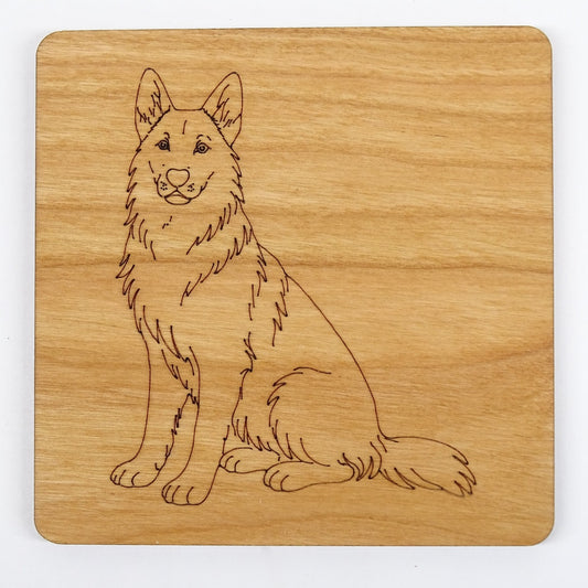 German Shepherd, GSD Sitting Wooden Coaster Engraved Dog Gift Cherry Wood Coaster