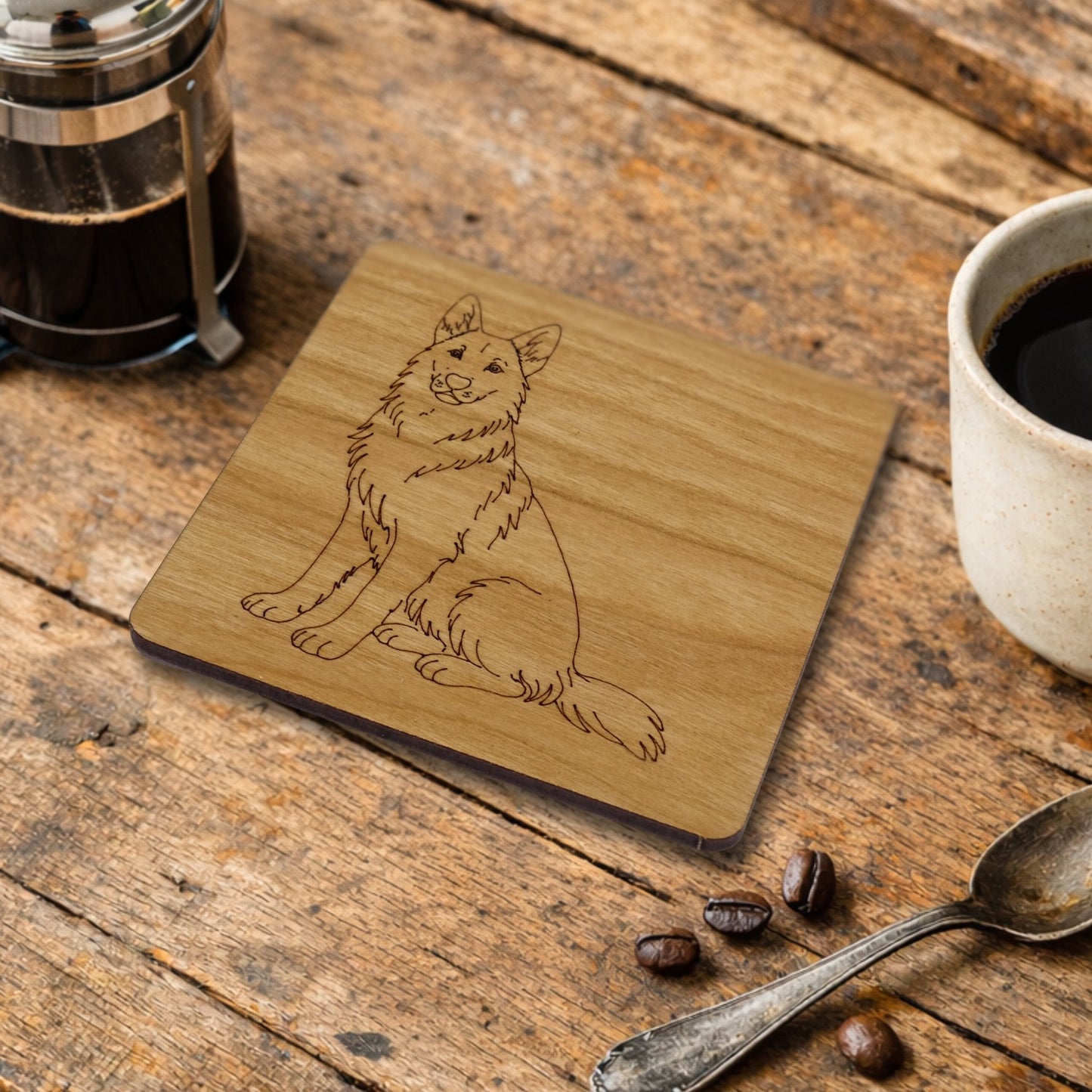 German Shepherd, GSD Sitting Wooden Coaster Engraved Dog Gift Cherry Wood Coaster