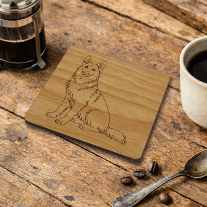 German Shepherd, GSD Sitting Wooden Coaster Engraved Dog Gift Cherry Wood Coaster