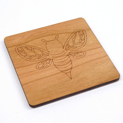Bee Coaster Laser Engraved Cherry Wooden Coaster Rustic Nature Gift