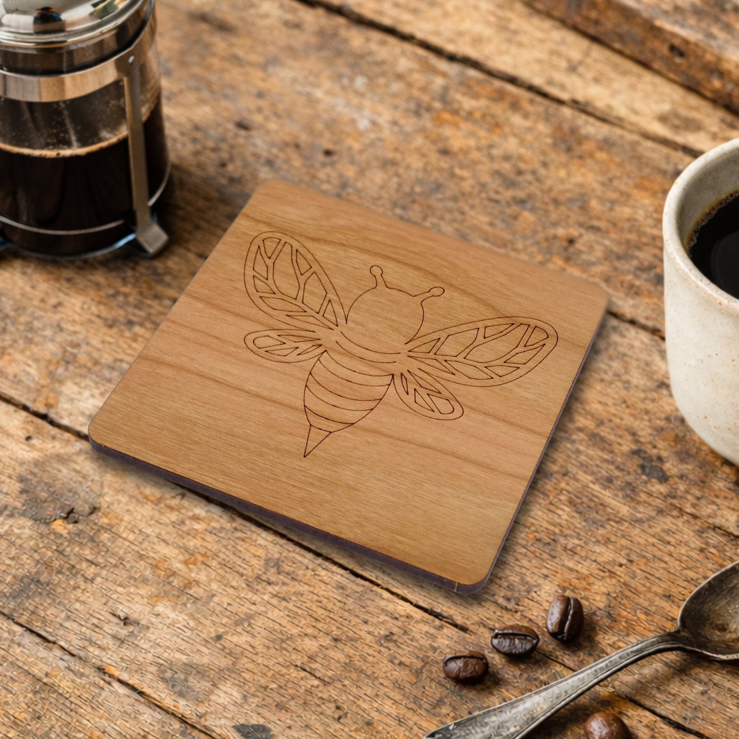 Bee Coaster Laser Engraved Cherry Wooden Coaster Rustic Nature Gift