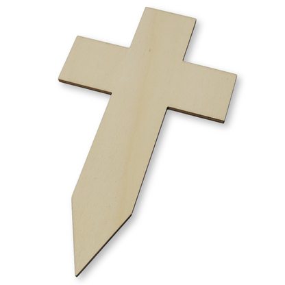 Wooden cross shape with a point at the bottom on a white background