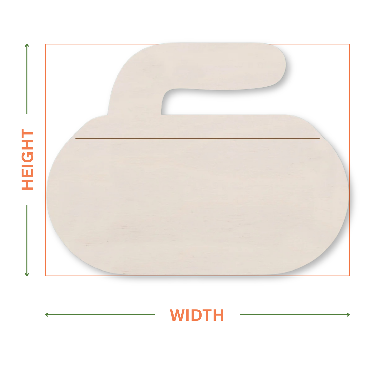 Curling stone shape cut from plywood on a white background with arrows showing where the height and width measurements are taken from.