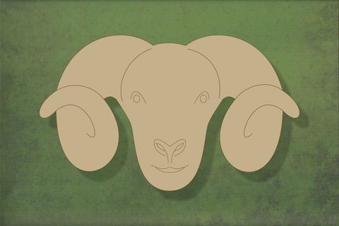 Laser cut, blank wooden Sheep head with horns and etched face shape for craft