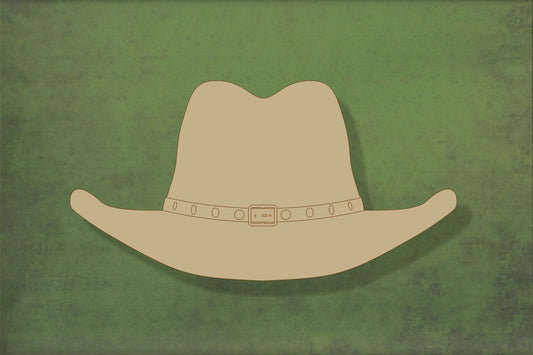 Laser cut, blank wooden Stetson cowboy hat with etched detail shape for craft