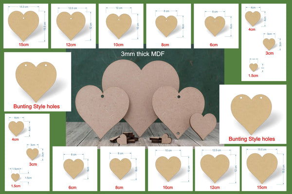 MDF heart cutouts with a selection of sizes and hole options.
