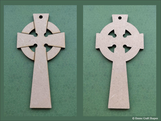Showing the etched front and the plain back of the celtic cross. Laser cut from 3mm MDF.